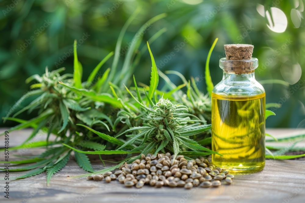 Hemp oil and seeds on wooden background with cannabis plant Hemp oil and seeds on wooden background with cannabis plant