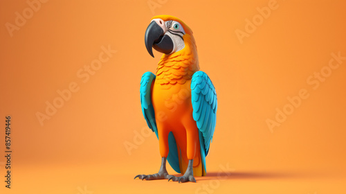 3D illustration of a parrot with blue and yellow feathers looking at the camera on an orange background photo