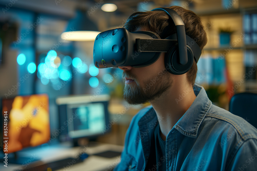 Man Immersed in Virtual Reality at Home with Modern Setup Man Immersed in Virtual Reality at Home with Modern Setup
