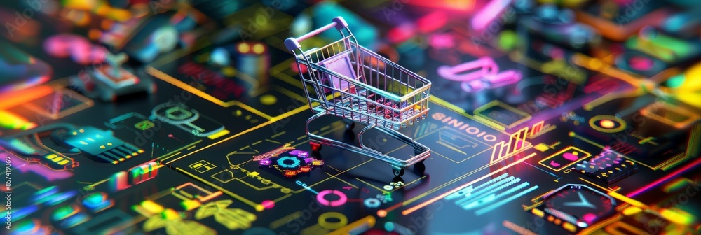 Obraz premium A close-up of a miniature shopping cart placed atop a colorful digital illustration depicting various commerce-related symbols and icons