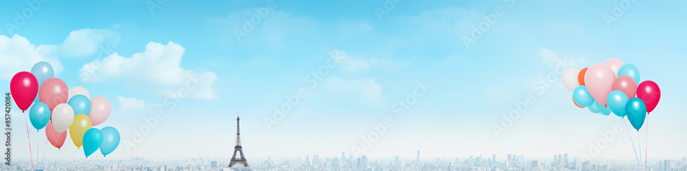 Colorful balloons floating over the Eiffel Tower in Paris, France with a bright blue sky and white clouds in the background Colorful balloons floating over the Eiffel Tower in Paris, France with a bright blue sky and white clouds in the background