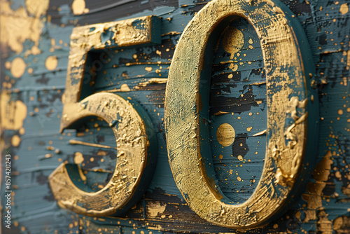 Golden painted number fifty on weathered, rough background. Symbol 50. Invitation for a fiftieth birthday party or business anniversary. Textured paint.