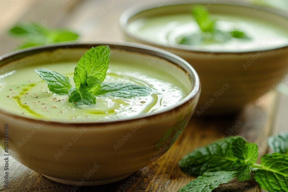 Homemade pea and mint soup with mint leaf garnish in bowls Focus on soup Homemade pea and mint soup with mint leaf garnish in bowls Focus on soup