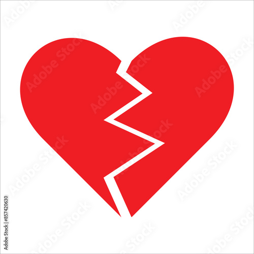 Red Heart broken to two pieces vector illustration icon or logo, broken heart concept, breakup or divorce, heartbreak regret, separated couple, tragic love. Broken Red Heart Emoji.