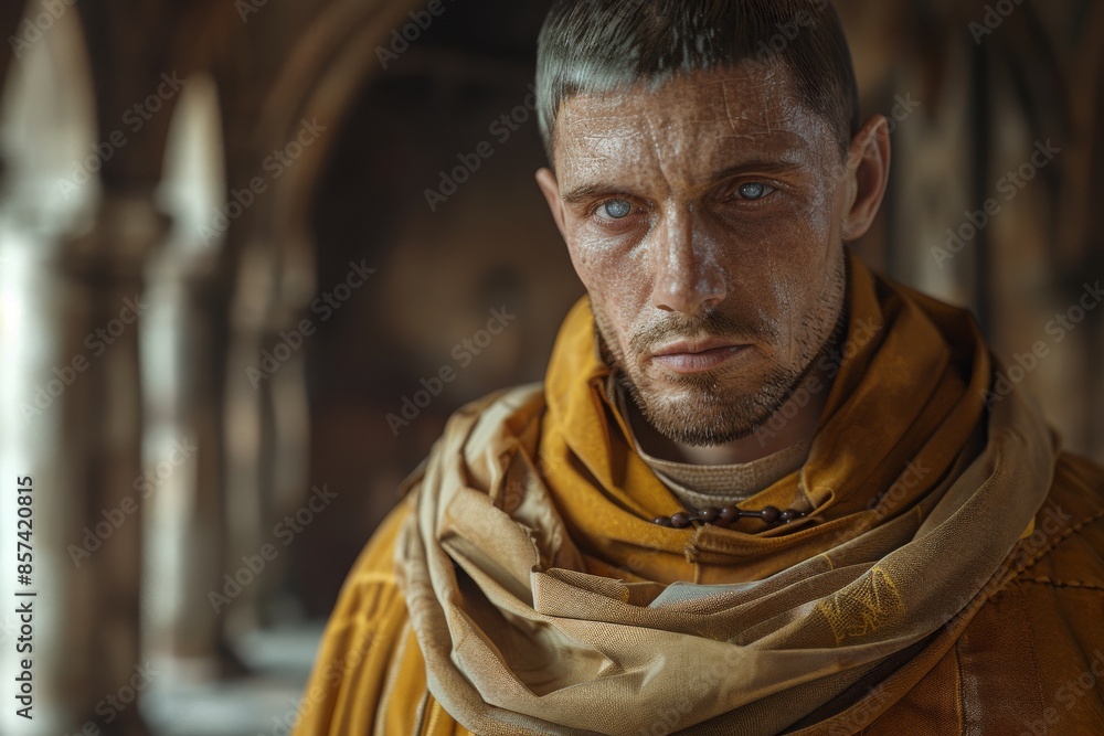A determined monk in a saffron robe, standing in a dimly lit medieval corridor, reflecting spirituality, strength, and contemplation.
A determined monk in a saffron robe, standing in a dimly lit medieval corridor, reflecting spirituality, strength, and contemplation.