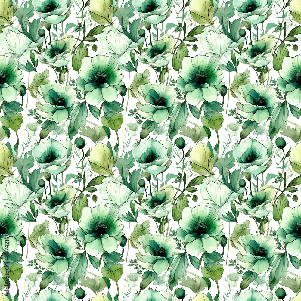 Fototapeta premium Seamless abstract watercolor pattern with green flowers on a white background. Fabric, wrapping paper. Generative AI