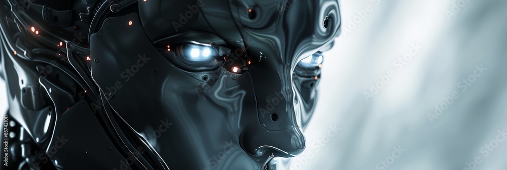 A closeup photograph of an androids face, showcasing its metallic skin and glowing LED eyes. The background is a sleek, futuristic design A closeup photograph of an androids face, showcasing its metallic skin and glowing LED eyes. The background is a sleek, futuristic design
