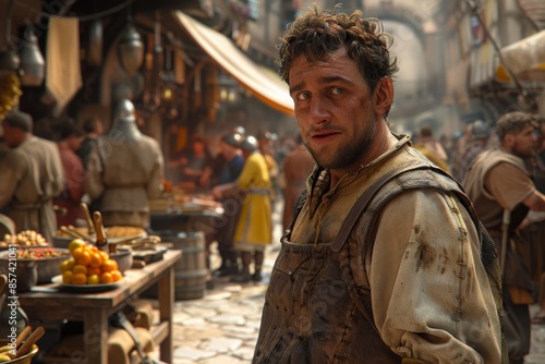 A young medieval merchant in a bustling market, surrounded by fresh produce and customers, reflecting the vibrant and busy atmosphere of medieval trade.