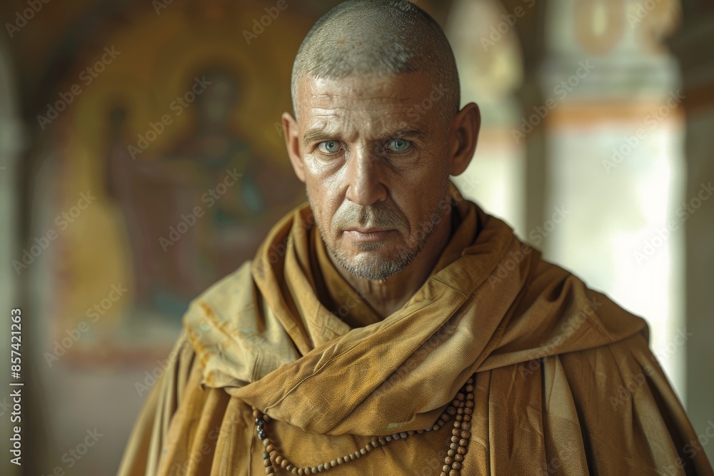 Naklejka premium A determined monk in a saffron robe, standing in a dimly lit corridor with an intense gaze, reflecting spirituality and discipline.