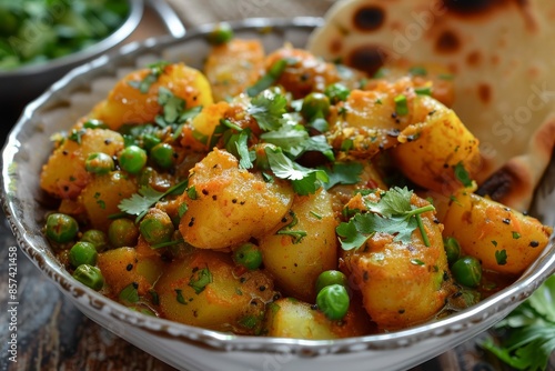 Indian dish of potatoes and peas cooked with spices and coriander served with bread photo