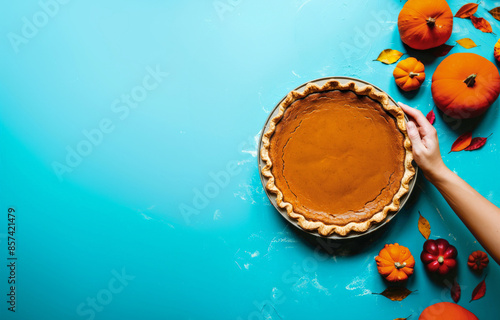 A hand-held pumpkin pie is featured among whole and miniature pumpkins with scattered autumn leaves on a blue background, highlighting the essence of autumn and festive comfort baking. photo
