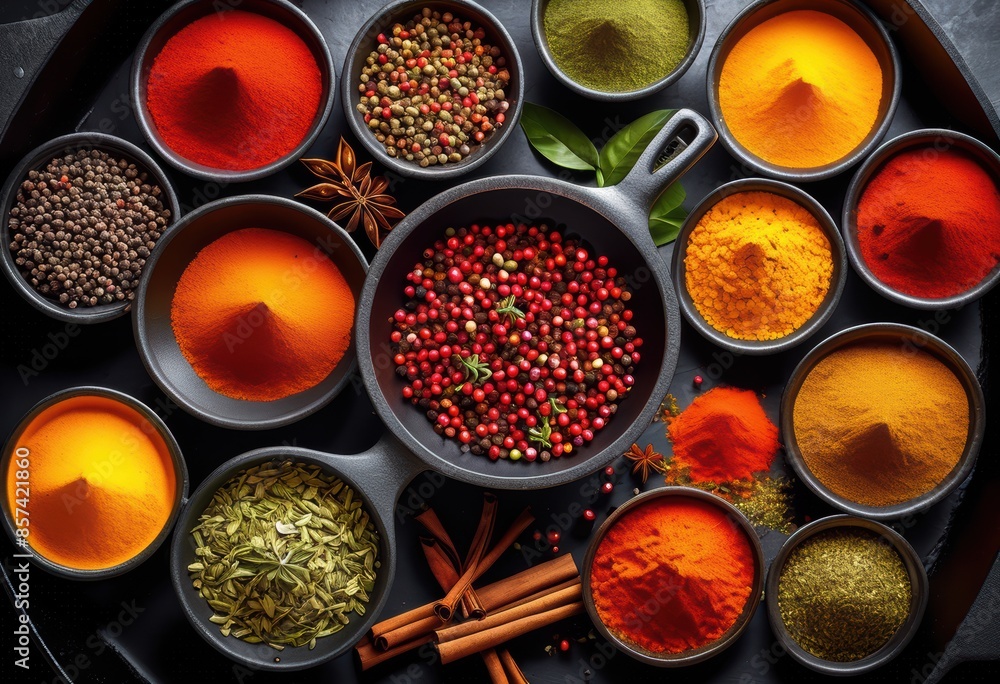 vibrant spices sizzling close cast iron skillet, aromatic, seasoning, flavors, ingredients, colorful, fragrant, paprika, cumin, pepper, chili, turmeric vibrant spices sizzling close cast iron skillet, aromatic, seasoning, flavors, ingredients, colorful, fragrant, paprika, cumin, pepper, chili, turmeric