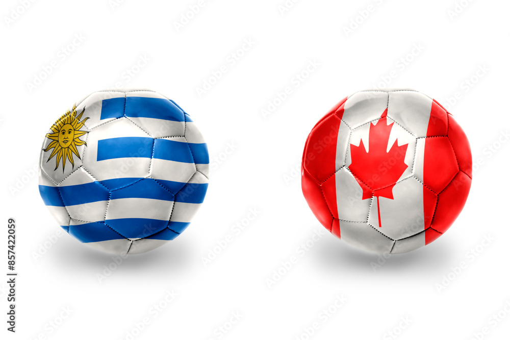 Obraz premium football balls with national flags of uruguay and canada ,soccer teams. on the white background.