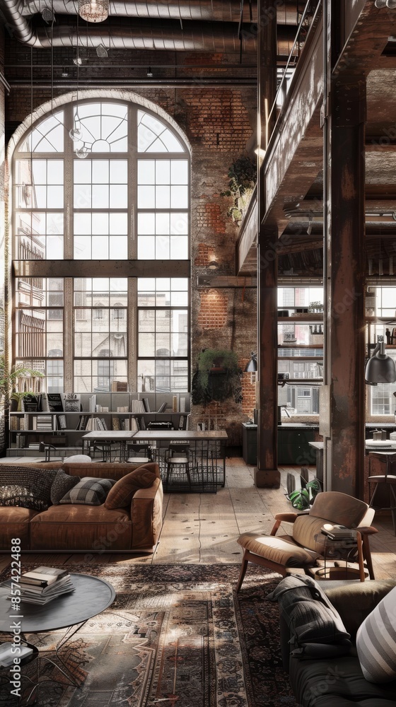 Loft-style living room with industrial design, high ceilings, and large arched windows. Modern interior with vintage furniture and natural lighting concept Loft-style living room with industrial design, high ceilings, and large arched windows. Modern interior with vintage furniture and natural lighting concept
