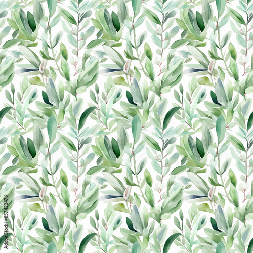 Seamless abstract watercolor pattern with green herbs on a white background. Fabric, wrapping paper. Generative AI