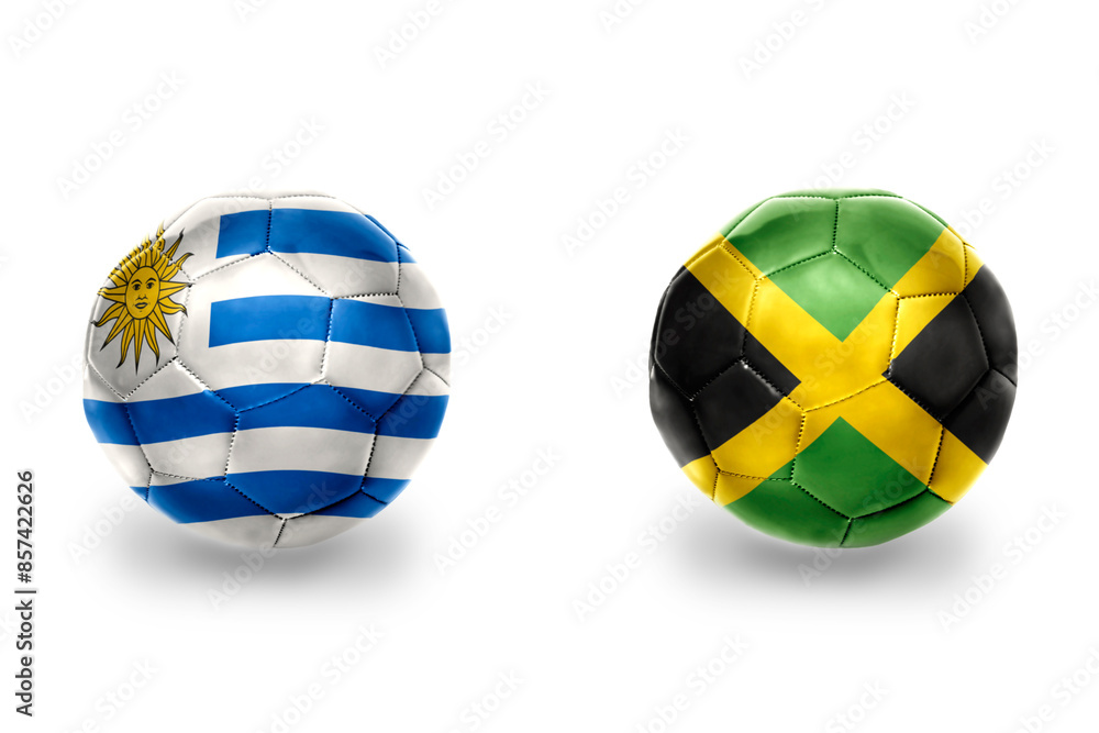 Obraz premium football balls with national flags of uruguay and jamaica ,soccer teams. on the white background.