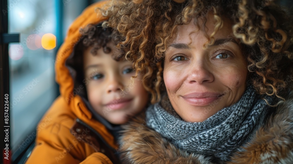 A mother and her child enjoy a bus journey on a cold winter day, warmly dressed in coats and scarves, sharing a cherished moment together. A mother and her child enjoy a bus journey on a cold winter day, warmly dressed in coats and scarves, sharing a cherished moment together.