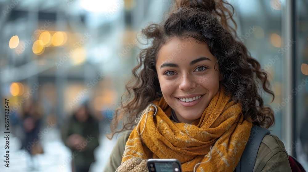 Fototapeta premium A young woman stands outside on a chilly day, holding her phone and smiling warmly, dressed in a cozy scarf and stylish winter clothing.