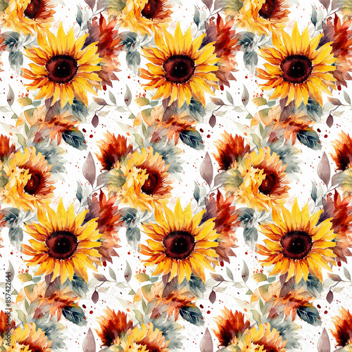 Seamless abstract watercolor pattern with sunflowers on a white background. Fabric, wrapping paper. Generative AI