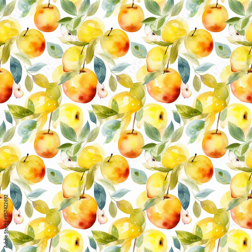 Seamless abstract watercolor pattern with yellow apples on a white background. Fabric, wrapping paper. Generative AI