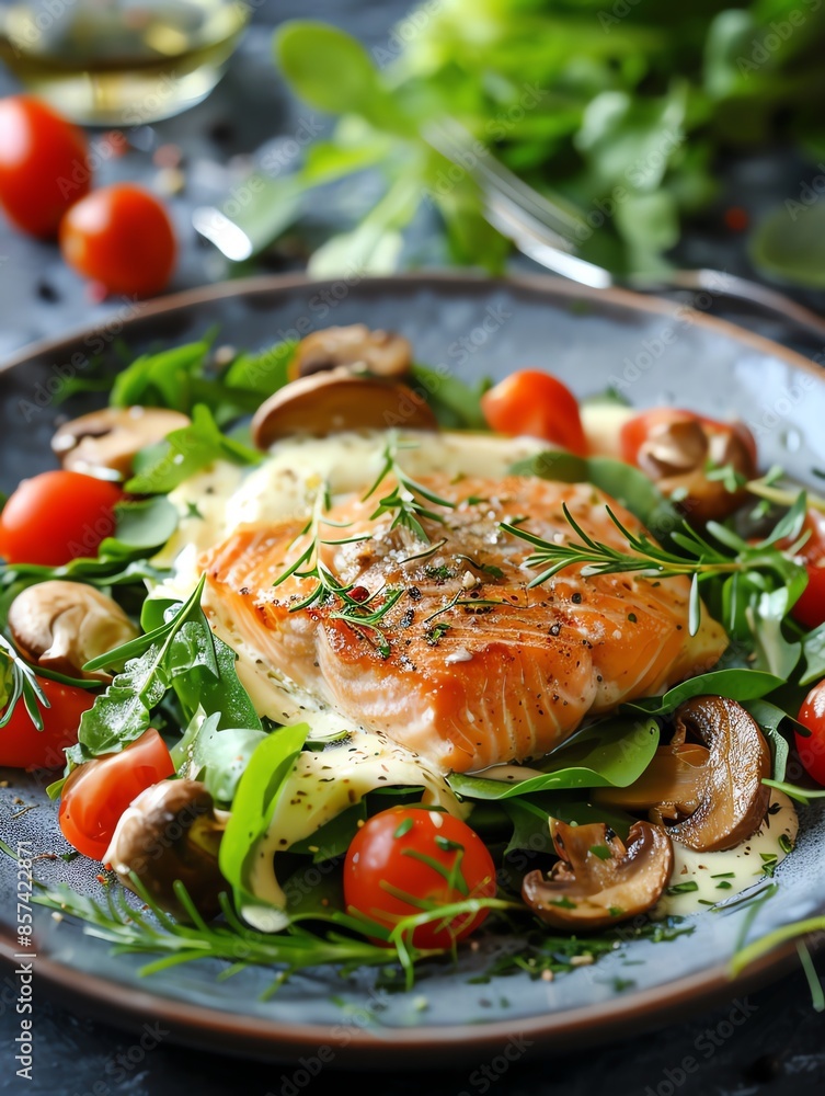 Gourmet dish salmon and mushrooms salad with bechamel sauce Gourmet dish salmon and mushrooms salad with bechamel sauce