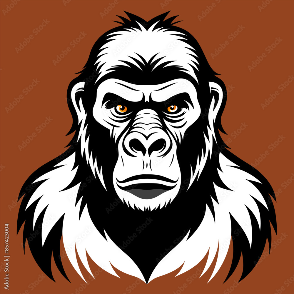 Black and white gorilla head drawing on brown background Black and white gorilla head drawing on brown background