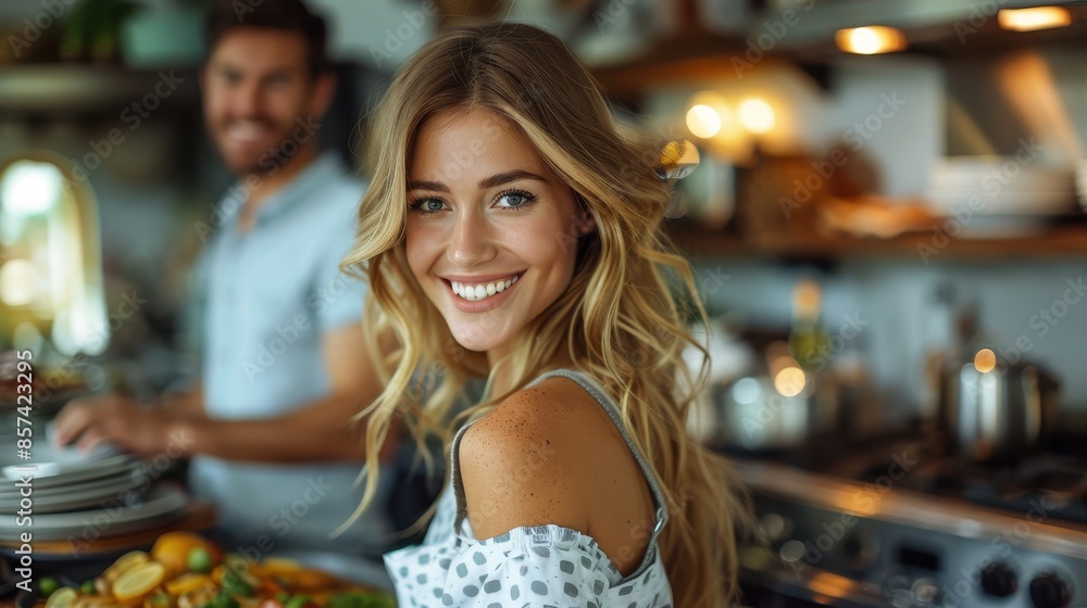 A smiling woman, standing in a well-equipped modern kitchen, prepares a meal with happiness and joy while a man is in the background. A smiling woman, standing in a well-equipped modern kitchen, prepares a meal with happiness and joy while a man is in the background.