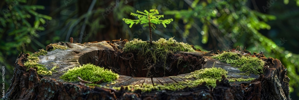 A panoramic view showcasing a vibrant young tree sprouting from the hollowed center of a moss-covered aged tree stump A panoramic view showcasing a vibrant young tree sprouting from the hollowed center of a moss-covered aged tree stump