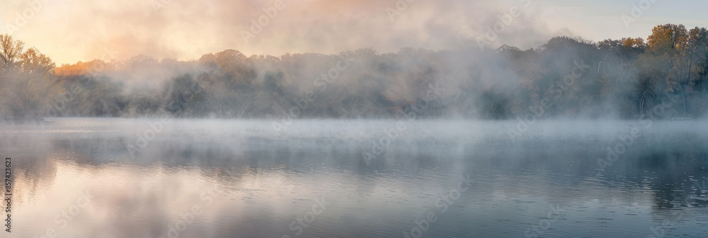 A serene panoramic photograph of dense fog rolling over a tranquil lake at sunrise. The fog creates a misty, ethereal atmosphere, while the warm colors of the sunrise illuminate the scene A serene panoramic photograph of dense fog rolling over a tranquil lake at sunrise. The fog creates a misty, ethereal atmosphere, while the warm colors of the sunrise illuminate the scene