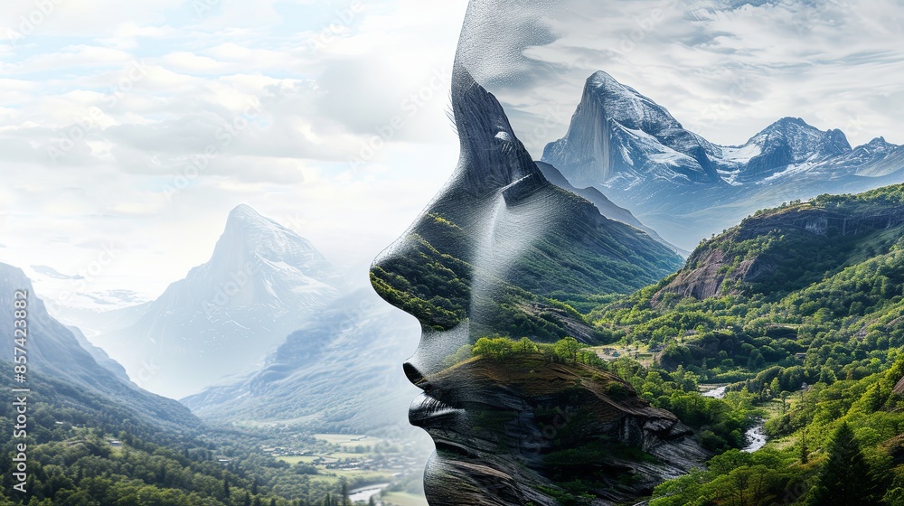 Double exposure combines a woman's face, high mountains and forest ...