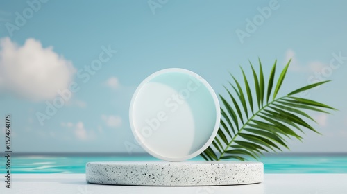 Stylish podium for product display, accented by a palm leaf, with a calming seascape view, pristine ocean, and blue sky providing a perfect summer backdrop
