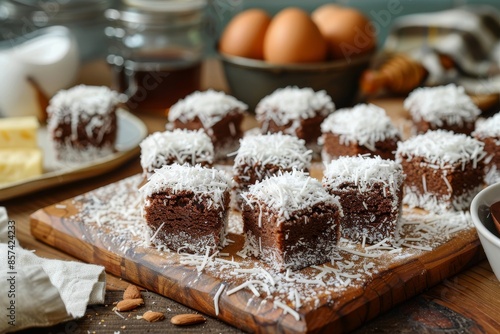 Lamingtons on a wooden board with ingredients in the backdrop