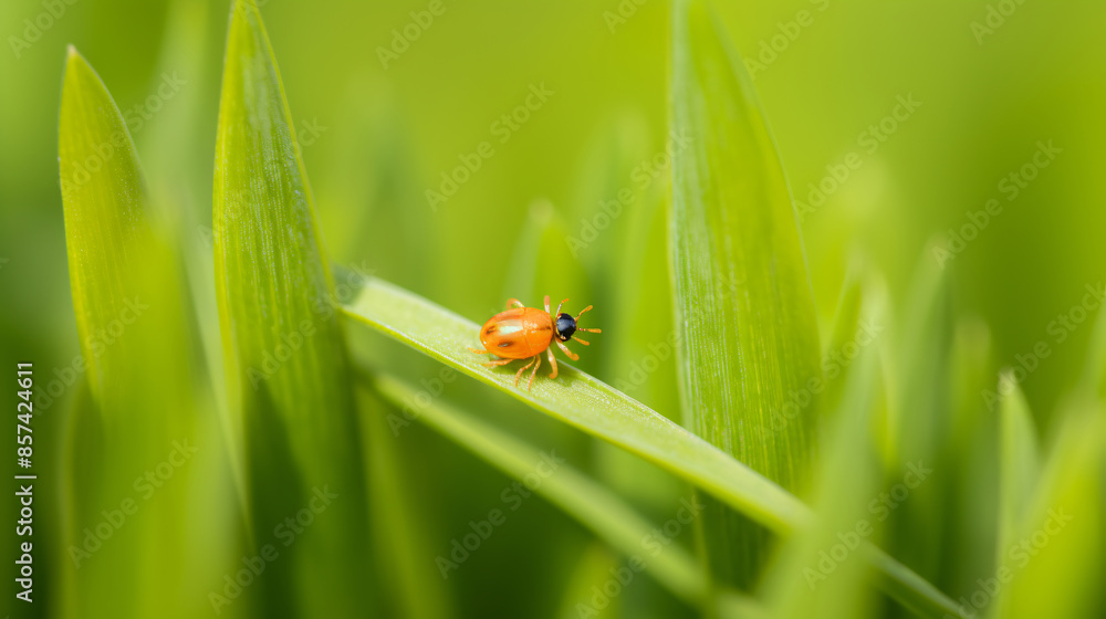 Cute orange ladybug on a green blade of grass in spring Cute orange ladybug on a green blade of grass in spring