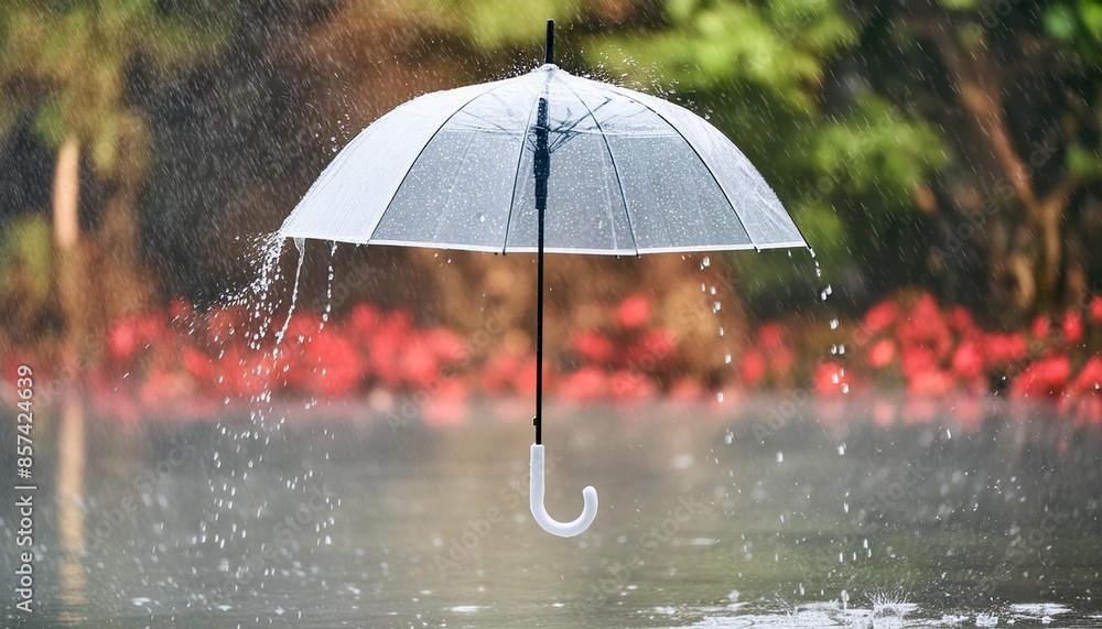 transparent umbrella under heavy rain against water drops splash