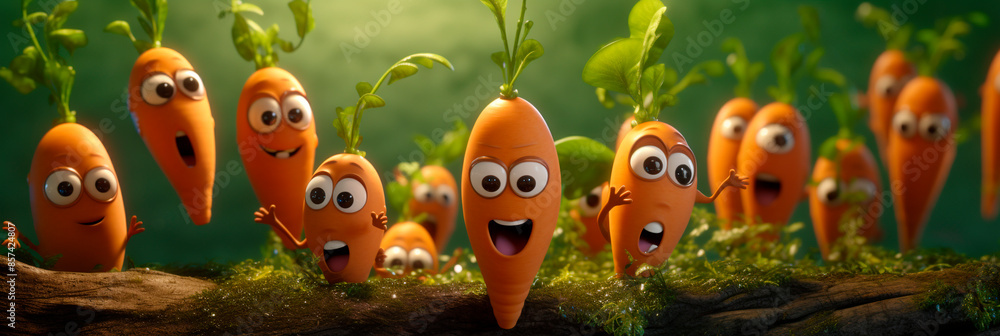 Fototapeta premium Banner with Crazy carrot. Orange vegetable characters smiling widely with wide eyes with emotion of joy and surprise on their faces. Dancing food party.