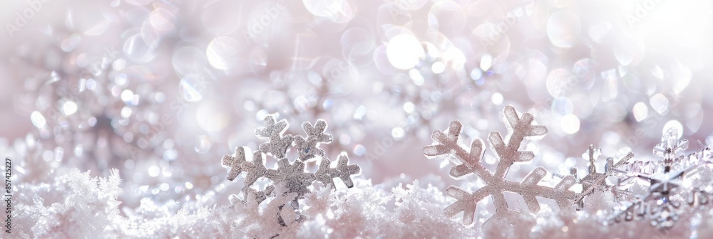 A close-up photograph showcasing intricate snowflakes resting on a soft white background. The image creates a delicate and dreamy atmosphere A close-up photograph showcasing intricate snowflakes resting on a soft white background. The image creates a delicate and dreamy atmosphere