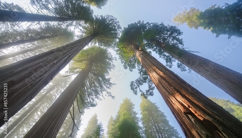 a unique perspective looking up at the canopy of giant redwood trees in the armstrong redwoods state natural reserve near the sonoma coast ca photo