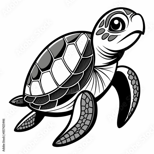 A black and white drawing of a sea turtle on a white background