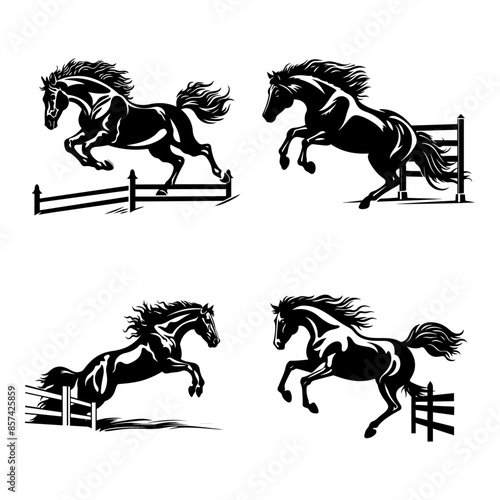 Silhouette Set of Horses Jumping Over Fences in Various Dynamic Poses