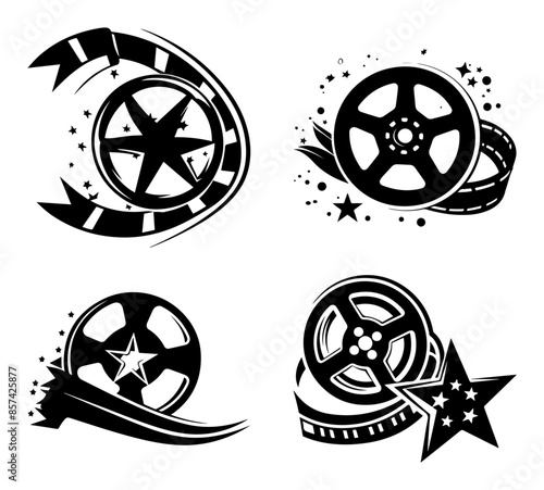 Silhouette Set of Movie Reel Icons with Decorative Stars and Film Strips