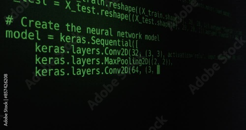 3D animation showing lines of code being typed on the screen. The code is related to setting up and training a neural network model using TensorFlow and Keras libraries. The text appears line by line