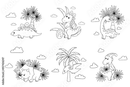 Wallpaper Mural Collection of line sketches, coloring pages of small dinosaur characters, tropical leaves, palm trees, clouds. Torontodigital.ca
