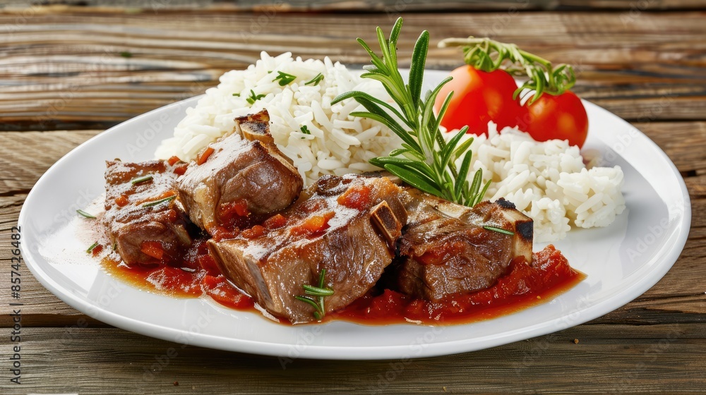 A roasted lamb shank with rice, vegetables, and rosemary sprigs is plated and ready to be enjoyed A roasted lamb shank with rice, vegetables, and rosemary sprigs is plated and ready to be enjoyed