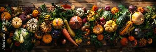 An overhead shot showcasing a variety of fresh autumn vegetables and fruits arranged on a rustic wooden table. The image highlights the vibrant colors and textures of the seasonal harvest