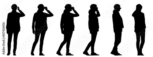 Vector concept conceptual black silhouette of a woman with  glasses walking from different perspectives isolated on white background. A metaphor for relaxation, comfortable, practical and lifestyle