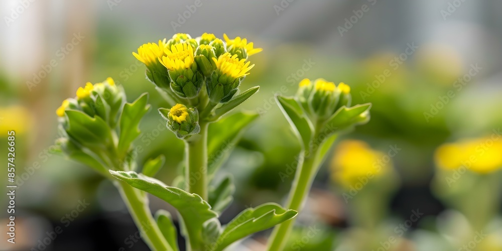 Obraz premium Senecio plant with yellow blossoms in early stages of growth. Concept Senecio plant care, Yellow flowers, Early growth, Indoor gardening