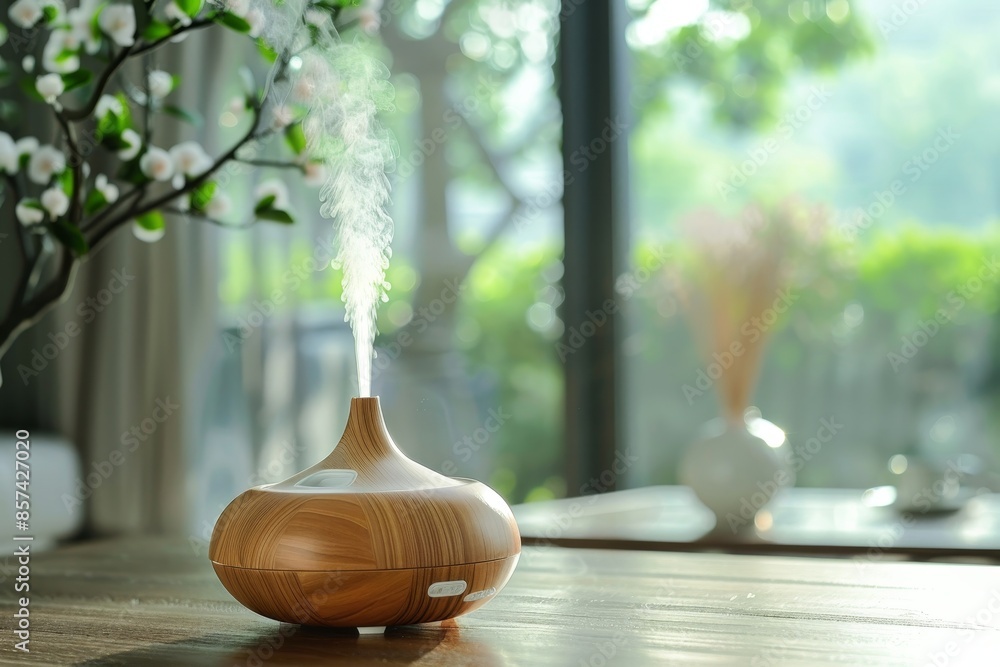 Oil diffuser on table at home emitting pleasant scent Oil diffuser on table at home emitting pleasant scent
