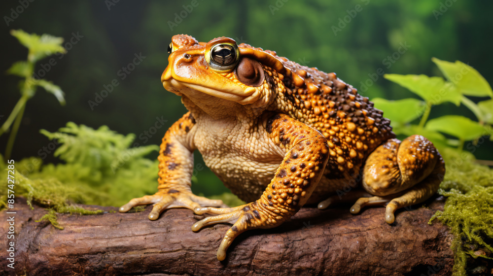 A large and colorful toad sits on a branch in the rainforest, looking out at the world with its big, golden eyes. A large and colorful toad sits on a branch in the rainforest, looking out at the world with its big, golden eyes.