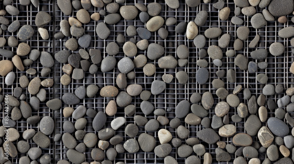 A close-up image of smooth, grey river rocks held in place by a black metal grid SEAMLESS PATTERN A close-up image of smooth, grey river rocks held in place by a black metal grid SEAMLESS PATTERN
