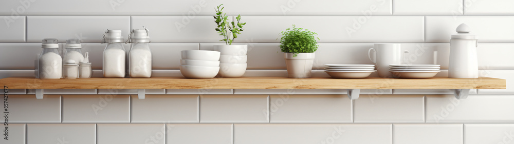 A minimalist kitchen shelf with white dishes and jars, and green plants, conveying a sense of clean and organized space, perfect for showcasing products related to kitchenware, food, or home decor. A minimalist kitchen shelf with white dishes and jars, and green plants, conveying a sense of clean and organized space, perfect for showcasing products related to kitchenware, food, or home decor.